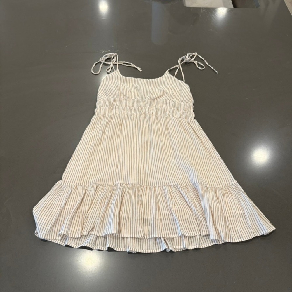 Minkpink Tan White Striped Smocked Mini Dress Tie Shoulder Ruffle Hem Large